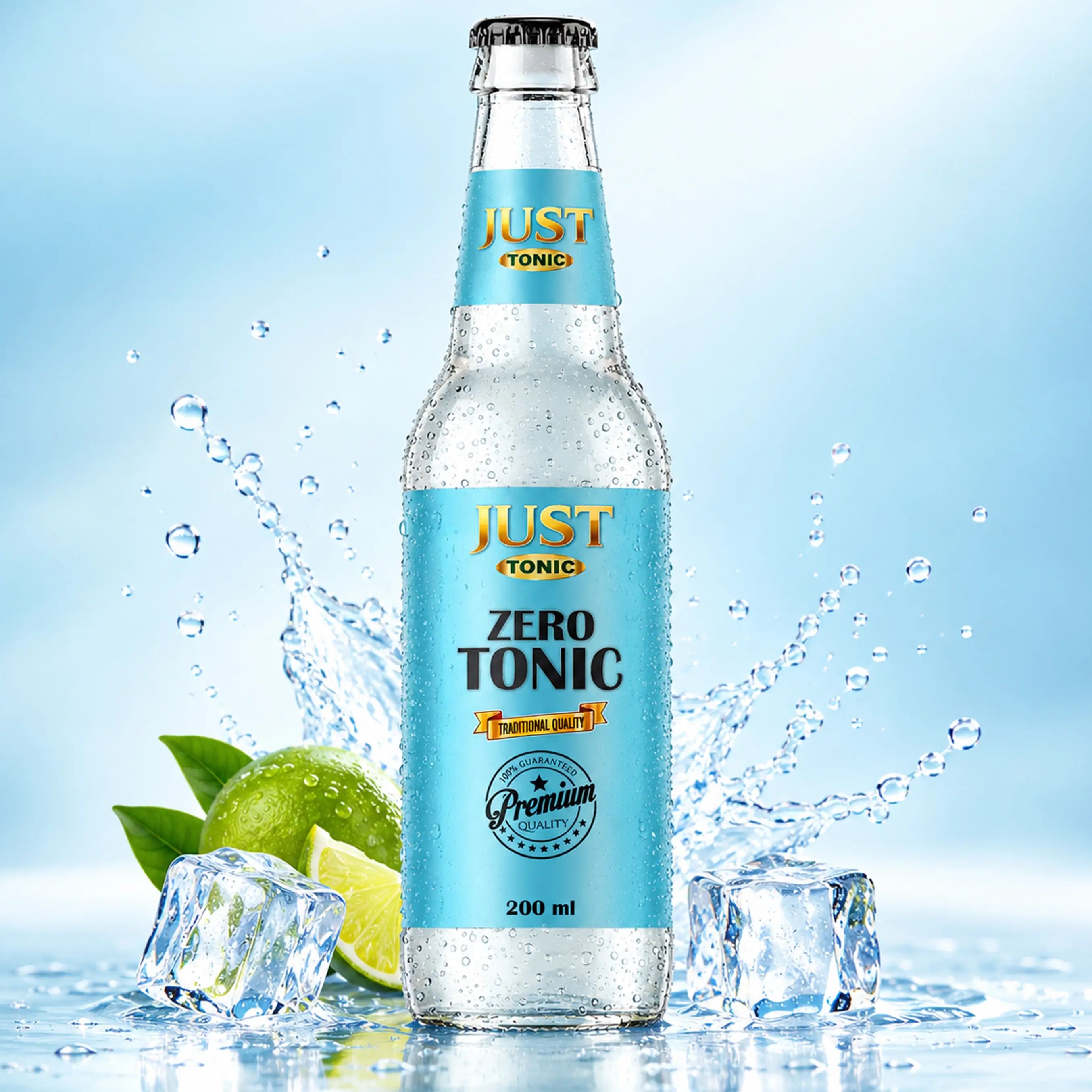 JUST Tonic Zero Tonic 200ml glass bottle with fresh lime, green leaves, ice cubes, condensation, and cool water splashes.